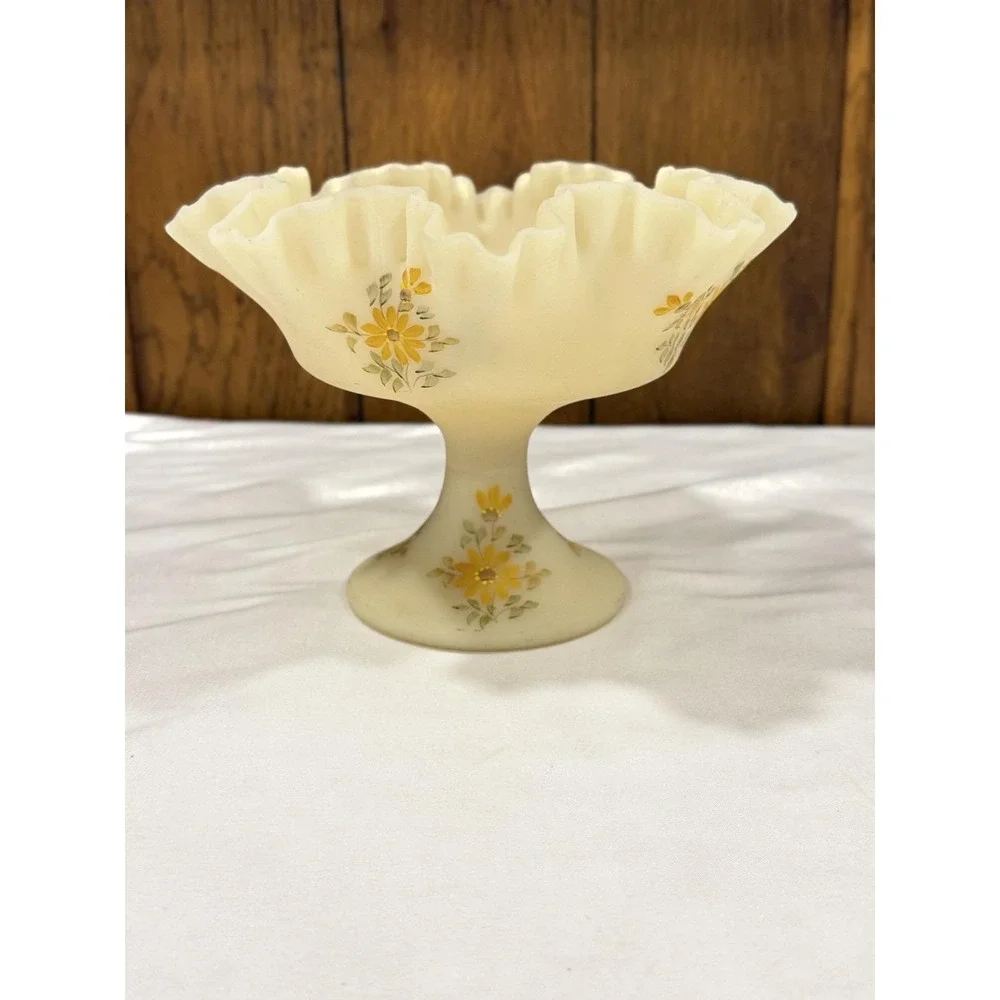Fenton Satin Custard Compote Pedestal Ruffle Top Candy Dish Bowl Hand Painted